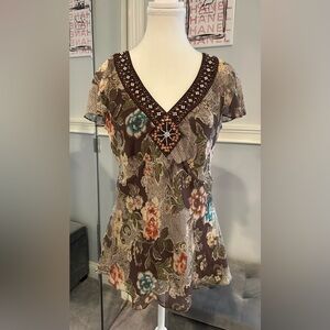 Nine West Vintage Floral Silk Beaded Top size 6